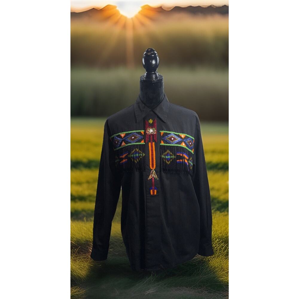 Vintage Beaded‎ Southwest Cowboy Indian Aztec Fringe Black Shirt Women Sz 10